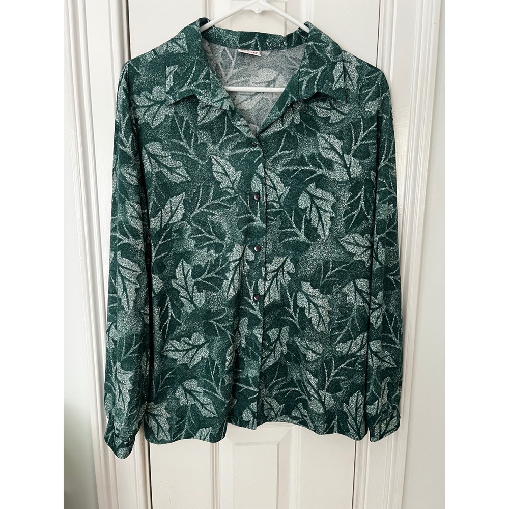 Vintage Graff Californiawear Green Leaf Print Button Front Blouse Long Sleeve